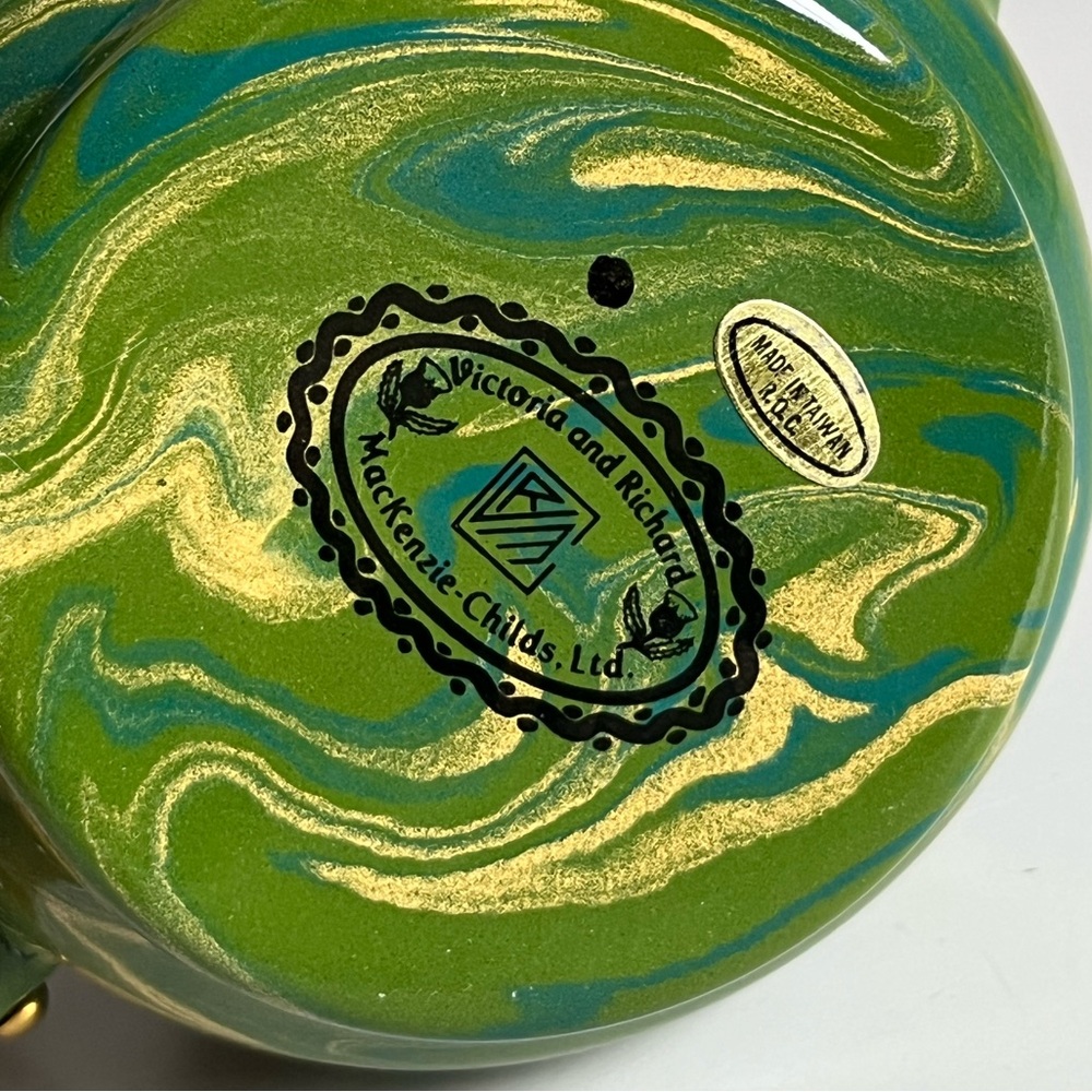 Vintage MacKenzie - Childs Victoria And Richard Green Enamel Teapot No Lid Woo - Picture 2 of 12